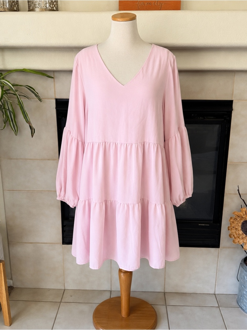 Amazon Light Pink V-Neck Tiered Mini Dress